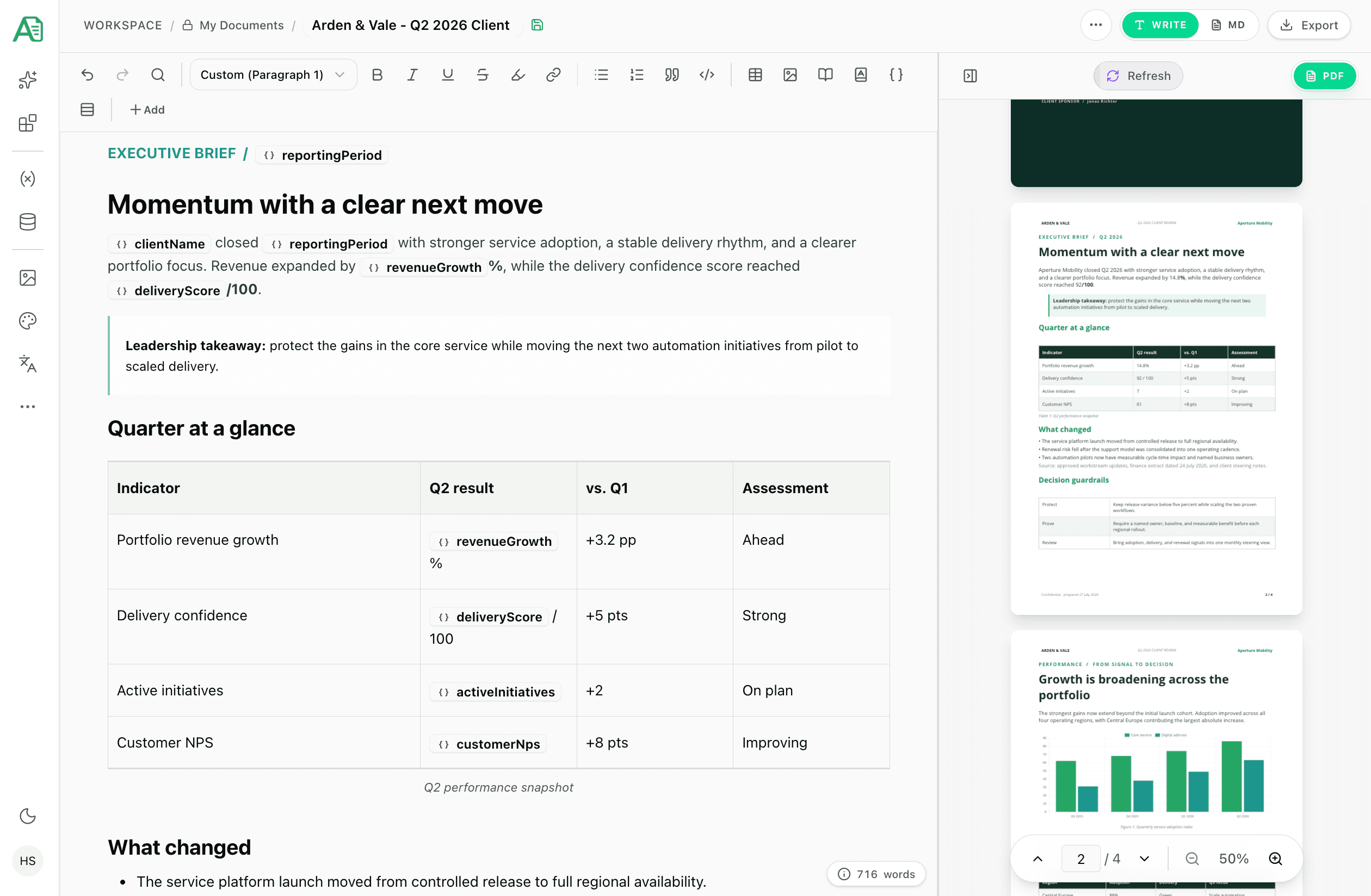 Arden and Vale client review in the Autype rich-text editor with live PDF preview