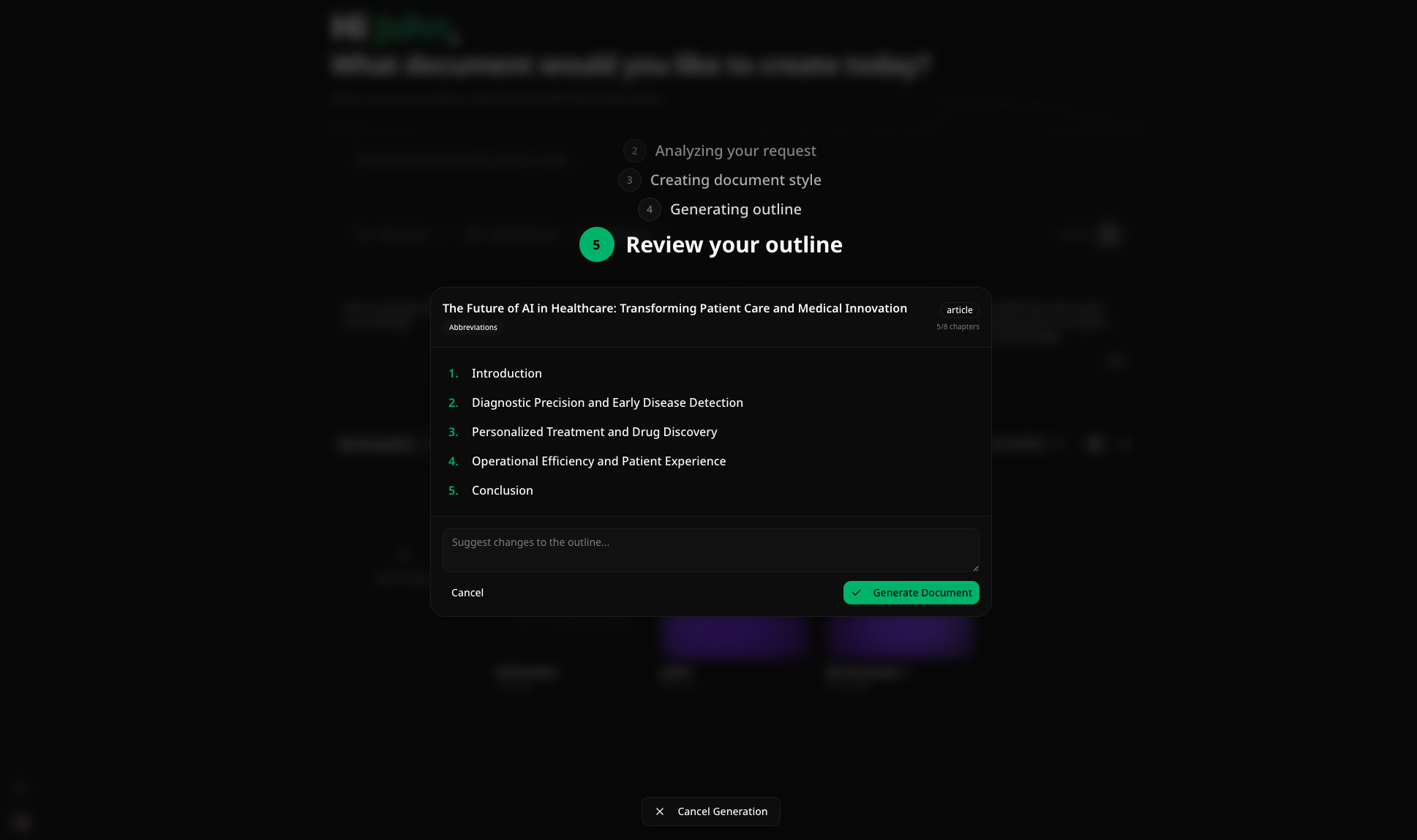 AI Document Generation — Full document created from a description